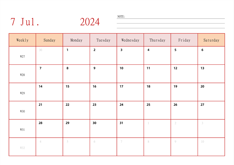 2024年日历台历 英文版 横向排版 带周数 周日开始